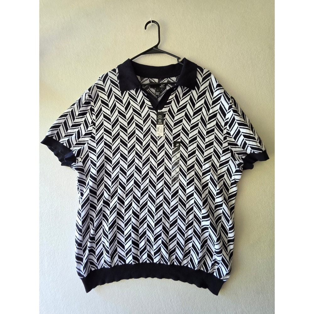 JF J.Ferrar Mens XL Black White Chevron Polo Shirt 100% Cotton Short‎ Sleeve NWT